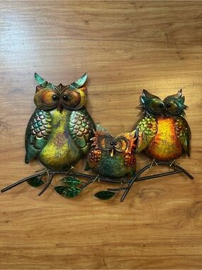Colorful Metal Owl Trio Wall Art - Green and Orange